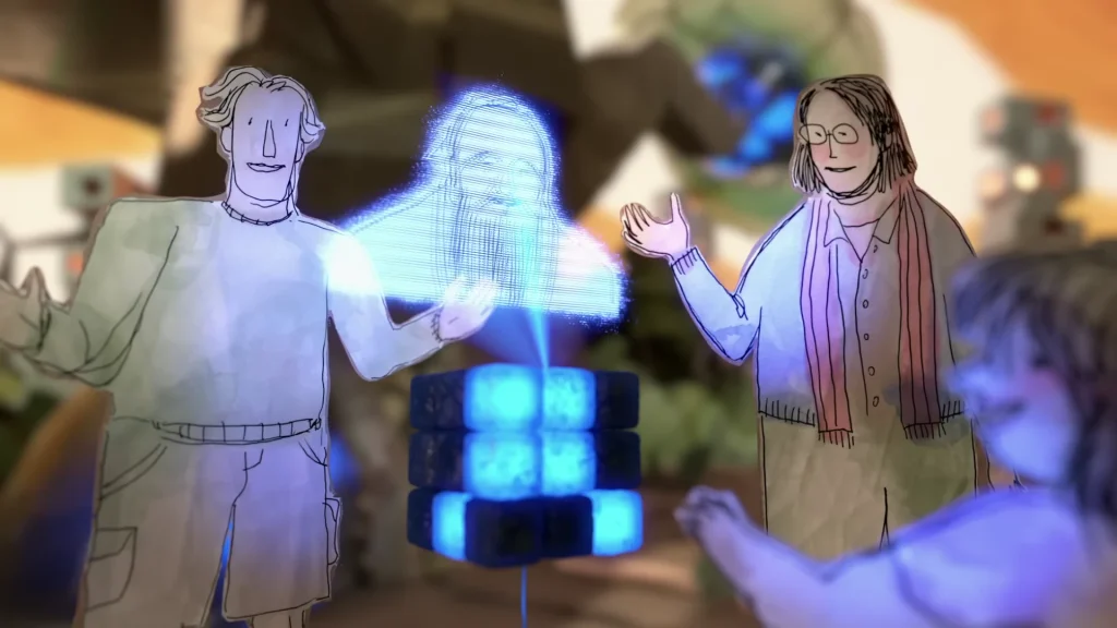  Drawn human figures stand beside a glowing blue projection above stacked blocks in The AI Doc trailer