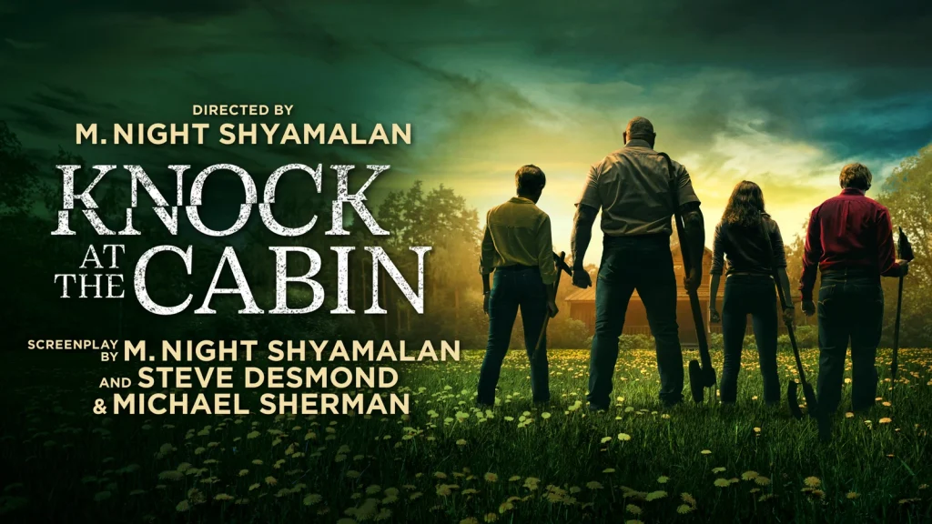 Four armed figures face a cabin beneath storm clouds in the official Knock at the Cabin artwork