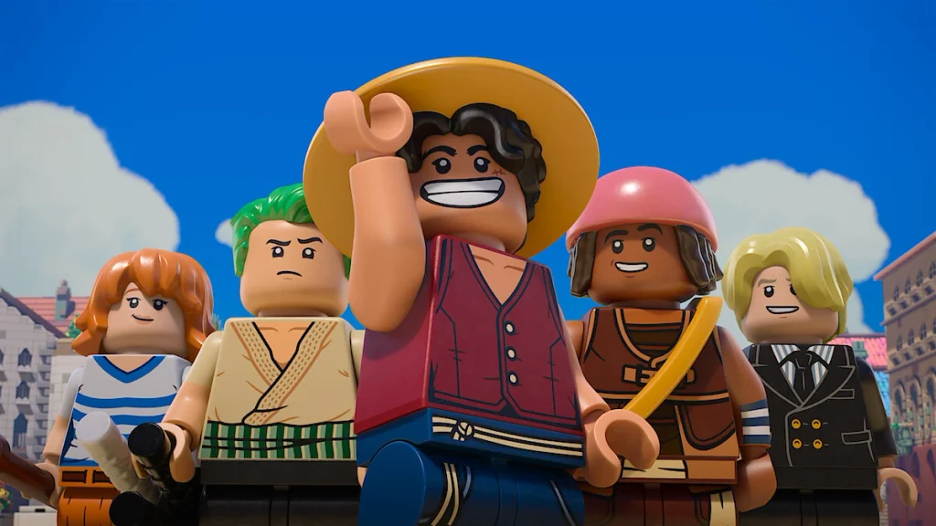 Five Straw Hat pirates appear as LEGO figures beneath a blue sky in LEGO One Piece