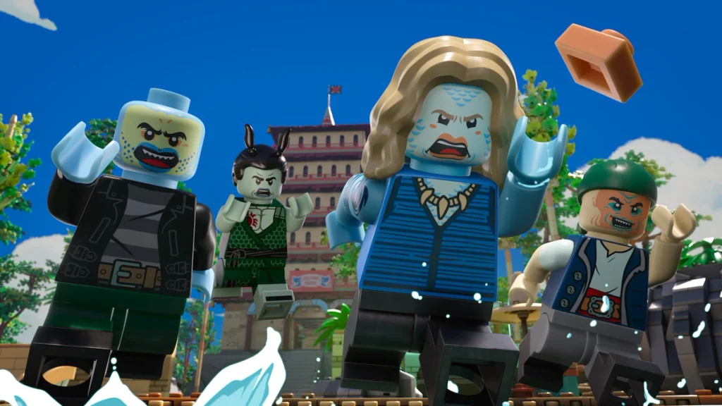 LEGO figures rush forward through splashing water outside a large building in LEGO One Piece