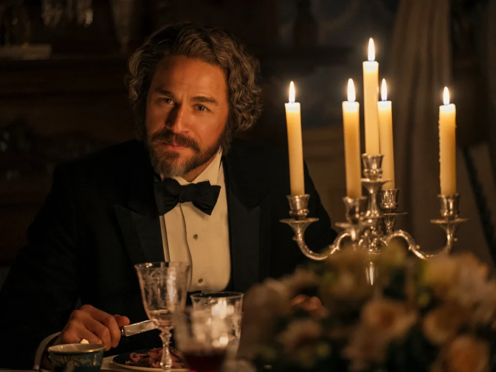 Charlie Hunnam as Andrew Borden at a candlelit dinner table in Monster: The Lizzie Borden Story