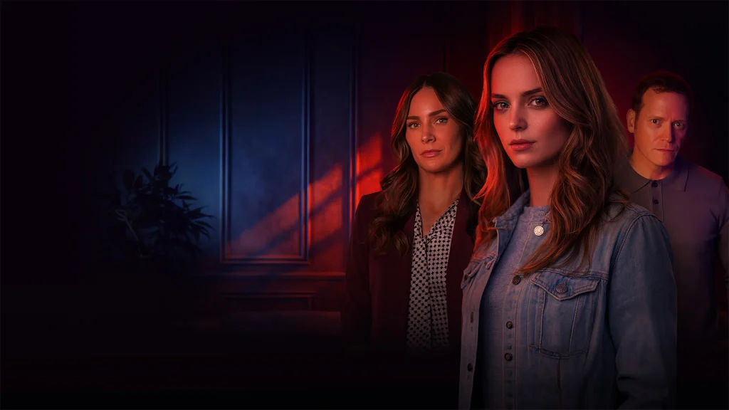 A young woman in a denim jacket stands before a woman and man in promotional art for The Seemingly Perfect Family