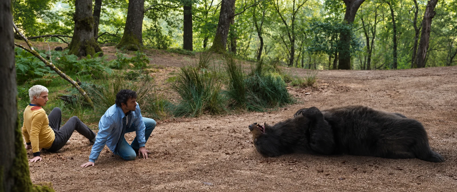 Two men crouch beside a bear lying on a forest path in Cocaine Bear