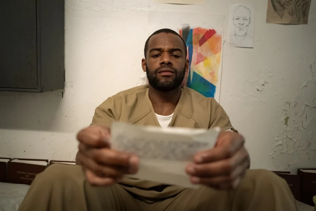 Carousel holds a letter in a room with drawings on the wall in Doing Life