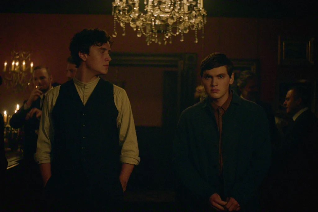 Cal and Aron stand beneath a chandelier in East of Eden.