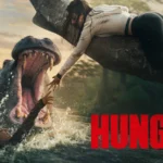 A hippopotamus lunges toward two women in Hungry promotional artwork.
