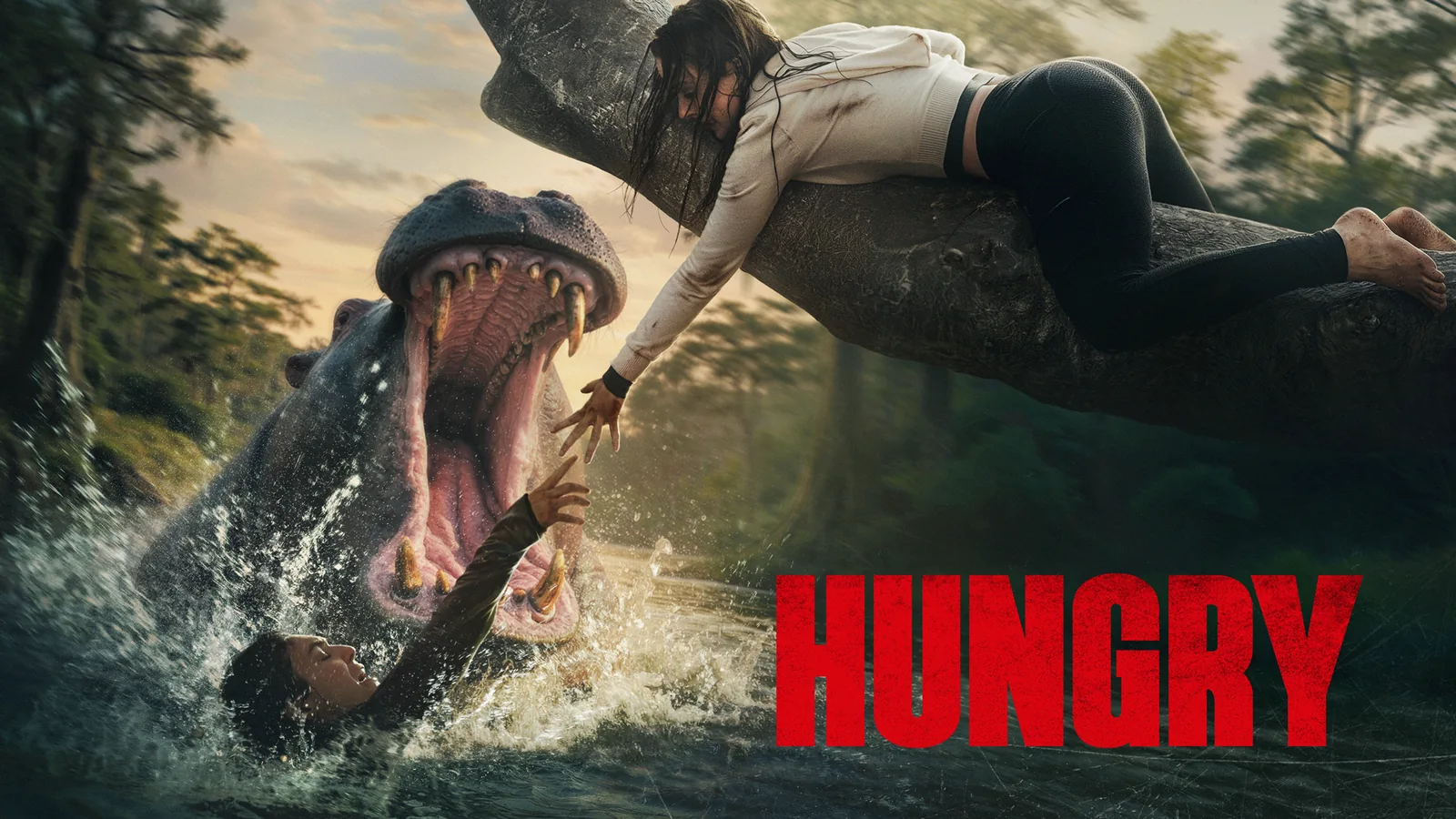 A hippopotamus lunges toward two women in Hungry promotional artwork.
