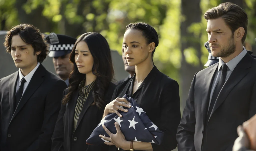 Frances Neagley holds a folded American flag beside her companions at a funeral.